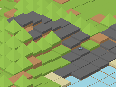 A procedurally generated world with rolling hills and a road cutting through it.